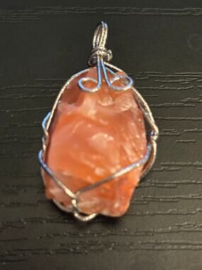 Vintage Wire Wrapped Rough Orange Stone Pendant NOS